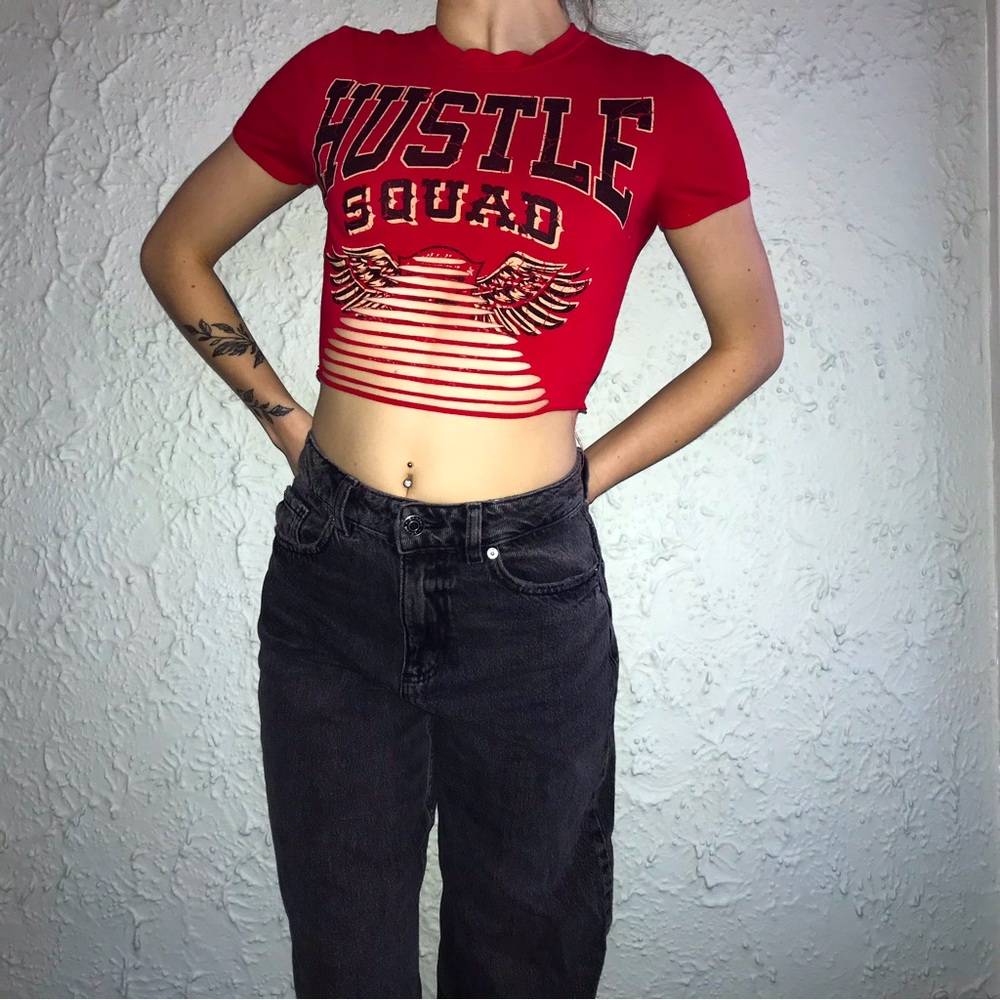 WINDSOR Red & Black Graphic Crop Top Tee